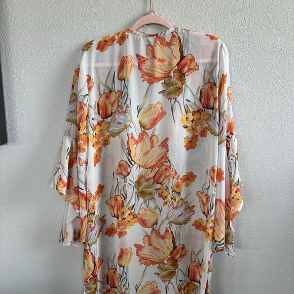 Umgee Lightweight White and Orange Floral Bell Sleeve Duster Kimono Size Large - Picture 3 of 10